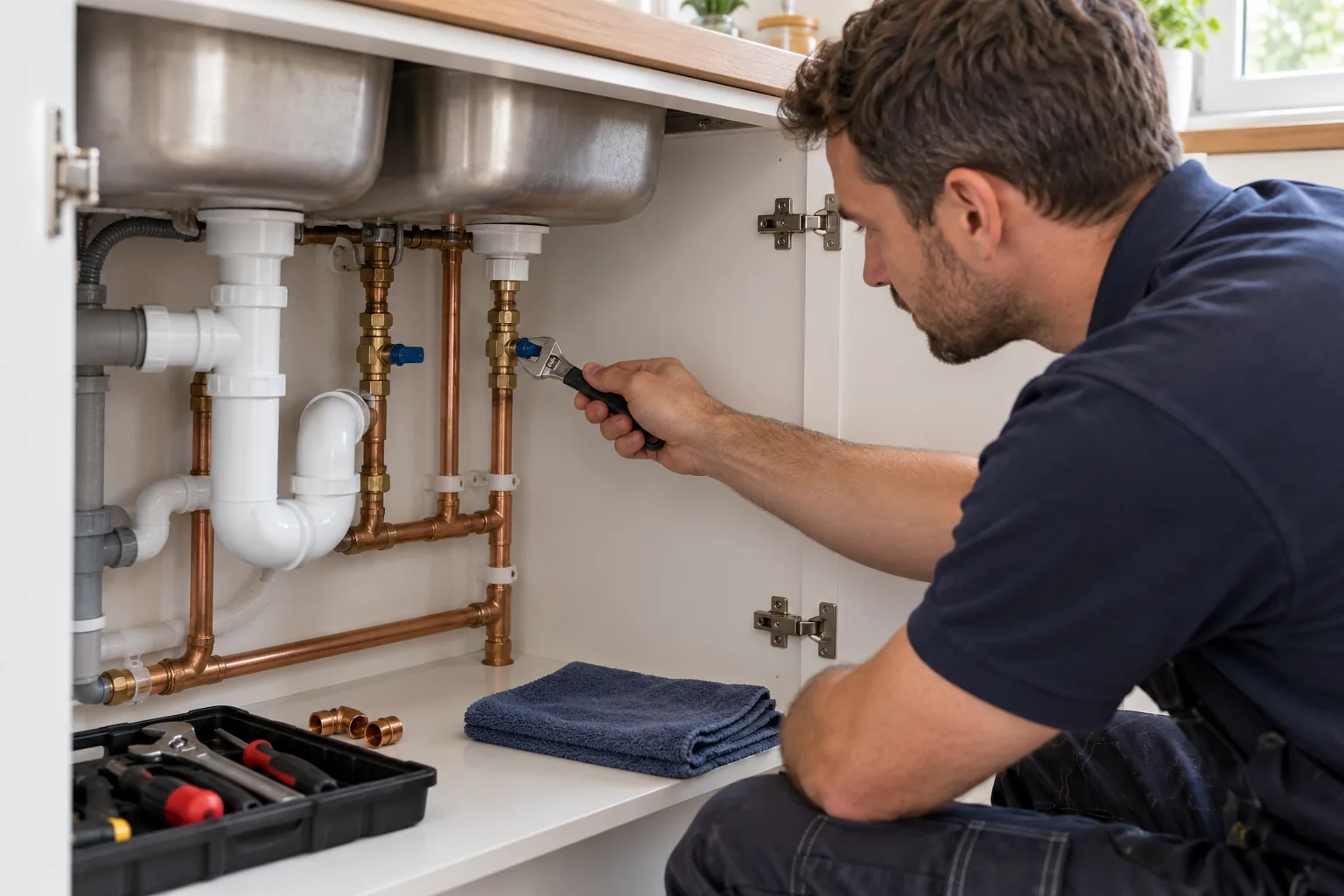 Illustrative plumbing photograph used in the fictional SwiftFlow website