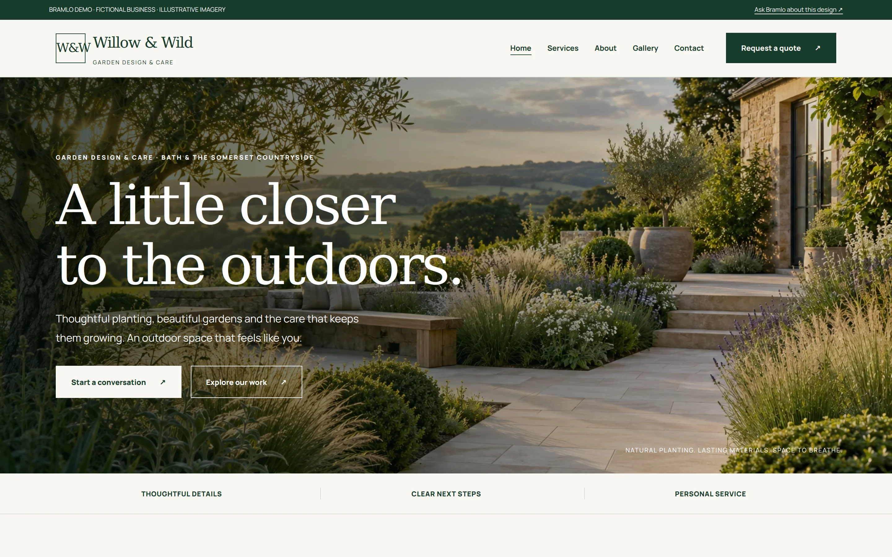 Fictional Willow & Wild gardening website example showing a professional brochure design